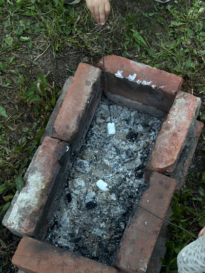 The image depicts a close-up view of a makeshift fire pit constructed from bricks, filled with ashes and remnants of a fire. Two marshmallows on metal skewers are being held over the embers, suggesting the activity of roasting marshmallows. The fire pit is surrounded by grass and some fallen leaves, indicating an outdoor setting.
A person's hands are visible in the frame, one holding a skewer with marshmallows, and another hand on the left side of the image. The light suggests it is daytime, possibly late afternoon or evening, given the warm tones. There are no specific weather cues, but the presence of grass and foliage implies a temperate climate. The scene evokes a sense of casual outdoor activity, possibly a gathering or a moment of relaxation around a campfire.
The bricks of the fire pit are weathered and show signs of heat exposure. Some white markings are visible on the bricks, but they are indistinct and do not form legible text. The overall impression is a simple, rustic setup for a common outdoor pastime. The location context provided, Горный, Russia, suggests a possible rural or natural environment.