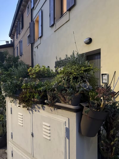 The image shows a building facade in Villafranca di Verona, Italy, with potted plants mounted on a wall. The building is light yellow with several windows featuring wooden shutters. Some of the shutters are slightly ajar, revealing glimpses of the interior. A white, box-shaped structure with ventilation slits is attached to the wall. Potted plants are arranged above it, overflowing with greenery and some succulents. A wall-mounted light fixture is visible on the building's facade. The sky is faintly visible in the bottom left corner.