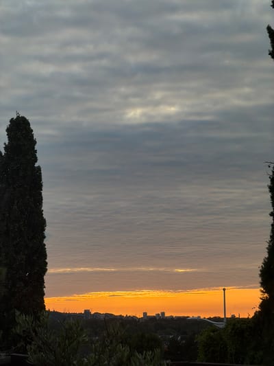 A horizontal, long-shot depicts a sunset scene partially framed by trees at the top and bottom edges. The left portion of the view is dominated by an expanse of layered clouds that are predominantly gray in color. To the right of the clouds, an orange glow illuminates the horizon, likely caused by the setting sun. In the right portion of the scene, the silhouette of a cityscape is visible, showing the tops of buildings along the horizon line, along with a street light pole. Trees also frame the view on the right side.
The exact location within Champs-sur-Marne, France cannot be precisely determined from the image alone, but the presence of buildings and a street light suggests an urban or suburban setting within the city.