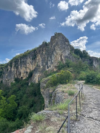 The image depicts a rugged cliff face, characteristic of the natural landscape near the city of Ivanovo, Bulgaria. The cliff is composed of weathered rock with visible striations and vegetation growing in crevices. A narrow, stone-paved path follows the edge of the cliff, lined with a simple metal railing for safety. The path is surrounded by sparse, dry grass and some flowering plants. The foreground shows the textured surface of the path and the railing. In the background, lush green trees cover the slopes below the cliff. The sky above is a bright blue, dotted with fluffy white cumulus clouds. The overall scene conveys a sense of natural beauty and a hiking or scenic viewpoint. There are no people or animals visible in the image.