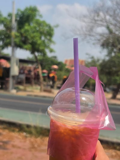 The image captures a close-up of a vibrant beverage being held outdoors, likely in Phra Nakhon Si Ayutthaya, Thailand, given the context. The main subject is a clear plastic cup filled with a reddish-orange or pinkish-red drink, possibly a fruit smoothie or iced tea. A clear domed lid covers the cup, from which a bright purple plastic straw protrudes. The entire cup is encased in a translucent pink plastic bag, a common way to carry drinks in some Asian countries. A hand is visible holding the drink from the right side of the frame.
The background is softly blurred, creating a shallow depth of field that keeps the focus sharply on the beverage. It depicts an outdoor scene under bright daylight, suggesting a warm and sunny day. Visible elements in the background include lush green trees, a clear blue sky with some wispy white clouds, and a faint outline of a paved road or pathway. Distant, blurred structures with reddish-orange roofs can be discerned through the foliage, consistent with local architecture. No discernible text is visible on the cup, bag, or straw. The overall impression is a refreshing drink enjoyed casually outdoors.