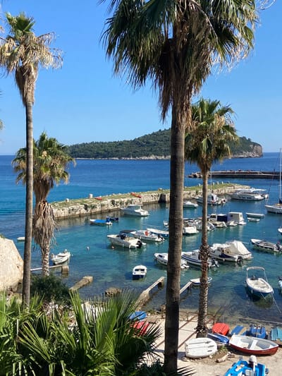 The image depicts a picturesque harbor in Dubrovnik, Croatia, likely within the Old Town or its immediate surroundings, given the architectural style of the stone quay and the presence of numerous boats. The scene is dominated by a clear, azure sea dotted with a variety of vessels, ranging from small dinghies to larger motorboats. Two tall palm trees frame the left side of the image, their fronds casting shadows on the water and adding a tropical ambiance to the Mediterranean setting.
In the background, a small, verdant island with a rocky coastline rises from the sea, its slopes covered in lush green vegetation. The island is topped with some structures, possibly ancient ruins or fortifications. A stone jetty, constructed from weathered blocks, extends into the harbor, serving as a mooring point for some of the boats. Red kayaks are visible resting on this jetty.
The water in the harbor is exceptionally clear, allowing the seabed to be visible in shallower areas. Several white and blue motorboats are moored, some with their canopies deployed. In the foreground, on the shoreline, a collection of small boats, some partially dismantled or stored, are laid out on the ground. These include white, red, and blue vessels of various sizes, along with boat trailers and other nautical equipment. The overall atmosphere is one of a tranquil, sun-drenched day in a coastal town, with a focus on maritime activity and the natural beauty of the Adriatic Sea. There are no people visible in the image.