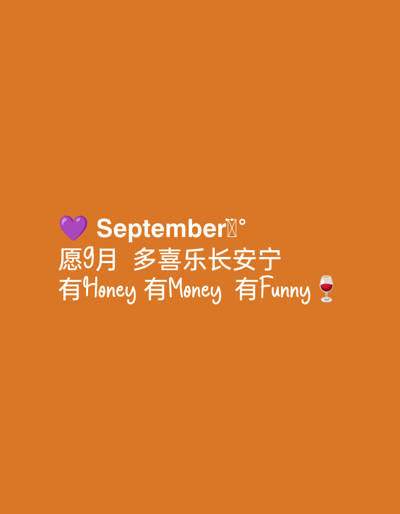 The scene is a digital graphic, contextually located in Narok Town ward, Kenya. The entire image displays a solid, uniform orange background. Three lines of white text, accompanied by emojis, are centered horizontally in the upper-middle section. The top line features a purple heart emoji (💜), followed by the English word 'September', and concludes with a calendar-like icon emoji and a degree symbol (°). The middle line presents Chinese characters: '愿9月 多喜乐长安宁'. The bottom line reads '有Honey 有Money 有Funny' in an informal font, terminated by a red wine glass emoji (🍷).