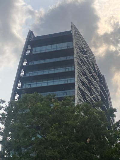 A low-angle outdoor photograph depicts a modern, multi-story building in Falomo, Nigeria, under an overcast sky. The structure features a dark-toned facade with multiple levels of horizontal, reflective blue-tinted glass windows. The building's left side displays an exposed, dark, angular structural frame composed of vertical and diagonal elements. The right side is characterized by a patterned, screen-like facade with interwoven diagonal sections. Lush green tree foliage occupies the immediate foreground, partially obscuring the lower floors of the building. The sky above is largely covered with grey and white clouds. No individuals, vehicles, or specific activities are observed.