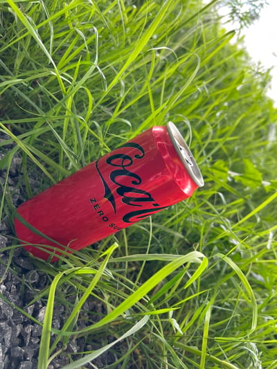 A red, unopened can of Coca-Cola Zero Sugar sits amongst green grass and small gray stones. The grass appears to be common lawn grass. The can is positioned at an angle, displaying the Coca-Cola logo and "ZERO SUGAR" text. The location is Grange Ville, Ireland. There are no people visible in the image. The environment is outdoors, and the lighting suggests daylight.