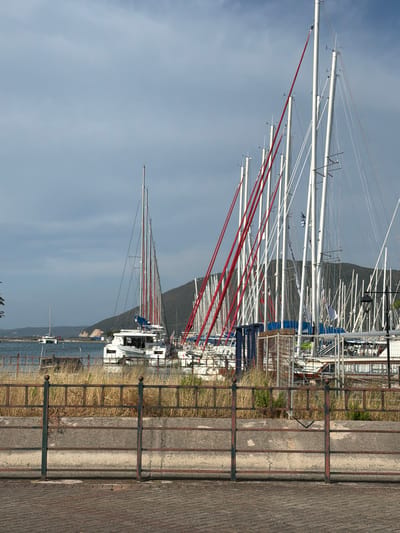The image depicts a marina in the Municipal Unit of Lefkada, Greece. The scene is dominated by a row of sailing boats, their masts reaching upwards into the sky. Many of the boats have red halyards. The boats are moored close together and there are mountains visible in the background. A metal fence separates the viewer from the marina and the waterfront area. The foreground includes a concrete walkway or sidewalk. The sky is overcast.
