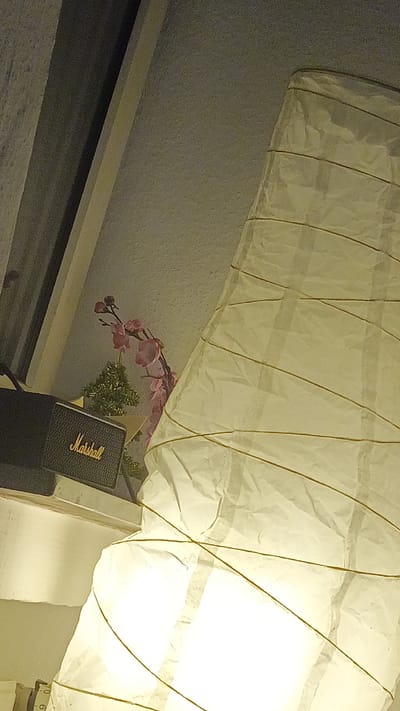 This indoor photograph captures a cozy scene, dominated by a large, illuminated white paper lantern on the right side of the frame. The lantern, likely a floor lamp, emits a warm, yellowish glow and features visible golden-colored strings or wires wrapped horizontally and diagonally around its crinkled paper structure.

To the left, on a surface, a black Marshall speaker with the brand name "Marshall" written in gold script is clearly visible. Behind the speaker, a small green potted plant, resembling a miniature tree, is placed next to a decorative branch of pink flowers, possibly artificial orchids or cherry blossoms. The background shows a textured, light-colored wall and dark vertical and diagonal architectural elements, which could be part of a window frame or structural beam.

The lighting suggests the photo was taken in the evening or at night, with the primary light source being the warm glow from the lantern, creating an ambient atmosphere. No activity or people are present in the image. The location context provided is Ginsheim-Gustavsburg, Germany.