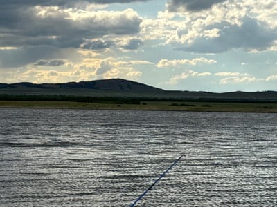 The image displays a panoramic outdoor scene at Айдарлы, Kazakhstan, primarily featuring a large body of water in the foreground, land in the midground, and hills against a cloudy sky in the background.
The lower half of the frame is dominated by the surface of a lake or large river, characterized by distinct ripple patterns reflecting the sky's light. A blue and black fishing rod extends diagonally from the lower right corner into the water, with its tip submerged or very close to the surface.
Beyond the water, a strip of green land is visible, likely the distant shore. Sparse, dark patches, possibly trees or dense shrubs, are scattered across this landscape. Several indistinct dark shapes, consistent with grazing animals such as cattle or horses, are discernible on the green expanse.
In the background, a range of undulating hills or low mountains stretches across the horizon. A prominent, rounded hill is visible on the left side.
The sky occupies the upper portion of the image and features a mix of dense, dark gray clouds and brighter, whiter cumulus clouds. Patches of light blue sky are visible between the clouds, particularly towards the right side of the frame. Sunlight penetrates the cloud cover in several areas, creating bright illumination on the clouds and water surface.