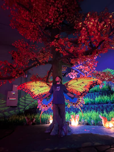 A man poses with large butterfly wings in an indoor display. The display includes a faux tree with red leaves, green foliage, and illuminated squirrel figures. A control panel is visible on the right wall. The setting resembles a forest or garden. The location is Binh Lu, Vietnam.