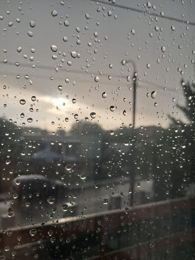 This image is a close-up, eye-level view of a window pane covered in raindrops, looking out onto a slightly blurred urban landscape. The foreground is dominated by the water droplets on the glass, which create distorted reflections of the scene beyond. The background shows a muted, overcast sky with a hint of the sun peeking through. Below the sky, there is a silhouette of trees and buildings, suggesting a residential area. A streetlamp is visible in the middle distance. The overall impression is one of a rainy day in Mława, Poland, with the focus on the texture and optical effects of the raindrops.