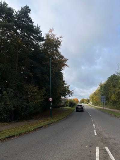 The image displays a wide asphalt road, identified as Acheson Drive, Stevenage, United Kingdom, viewed looking southeast, between the Fairlands Way and Broadhall Way roundabouts. The sky above is overcast with uniform gray cloud cover. The roadway features at least two lanes for traffic in the depicted direction, delineated by a broken white line on the right side. A dark-colored SUV, possibly an Audi Q3, is parked facing away from the camera on a paved shoulder or layby on the left side of the road.
To the left of the road, a narrow strip of grass precedes a paved pedestrian path. Along this path stands a tall, dark green lamppost, which prominently displays a circular red and white '40' mph speed limit sign. Beyond the path, a dense line of mature trees dominates the left background, consisting of tall conifers mixed with deciduous trees exhibiting autumnal foliage. A brown wooden bench is partially visible amongst these trees further in the distance on the left, and a dark utility box or bin is situated in the extreme foreground on the left. The right side of the road is also flanked by a continuous line of trees, with another lamppost discernible in the middle distance. No individuals are present in the scene. The ambient lighting suggests daytime conditions, likely during the autumn season.