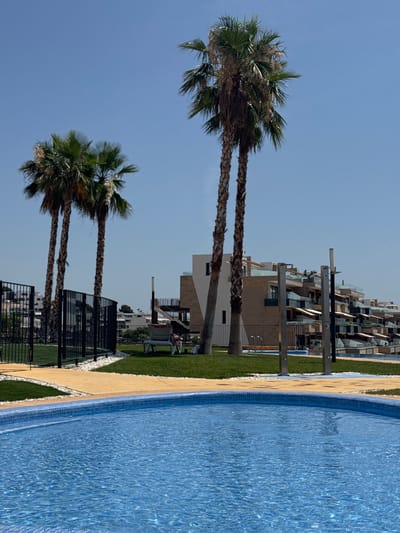 This media file depicts a sunny day in Finestrat, Spain, next to a sparkling blue swimming pool. The scene is dominated by palm trees with lush green fronds and rough, textured trunks, framing the view of modern apartment buildings in the background. The buildings have a contemporary architectural style with many balconies and glass railings, suggesting a resort or residential complex. The poolside is lined with a light-colored sandy path and neatly trimmed green grass. Some lounge chairs are visible on the grass, hinting at relaxation and leisure activities. The clear blue sky indicates pleasant weather, likely midday or afternoon, given the bright sunlight casting distinct shadows. There are no people clearly visible and no text is present in the image. The overall impression is one of a tranquil, upscale vacation destination.