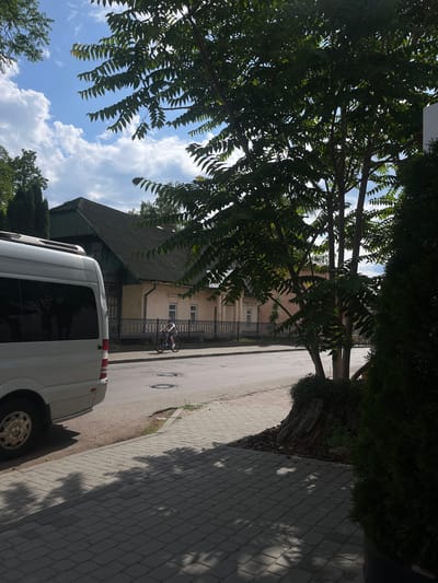 The image captures a street scene in Kosiv, Ukraine, on a sunny day with scattered clouds. In the foreground on the left, a silver van is parked parallel to a paved sidewalk. The van's rear section and wheel are visible. The sidewalk, made of grey interlocking pavers, extends across the bottom of the frame. Beyond the sidewalk, a street runs horizontally, with manhole covers visible on its surface.

On the right side of the street, a person is riding a bicycle. Further back, a pale yellow building with a dark-tiled roof and arched windows sits behind a decorative metal fence. Trees with green leaves are prominent throughout the scene, with a large tree partially obscuring the view of the sky and the building. The overall impression is a quiet, residential street on a pleasant day.