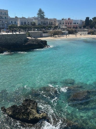 A bright, sunny day illuminates a picturesque coastal scene. The clear, turquoise water of the sea meets the rocky shoreline in the foreground, with waves gently lapping against dark, jagged rocks. Further out, the water transitions into a lighter, more transparent shade, revealing submerged rocks and sand.

In the midground, a sandy beach stretches along the curve of a bay. Several people can be seen walking and relaxing on the beach. Beyond the beach, a stone wall and a promenade are lined with people strolling and enjoying the view. Behind the promenade, a row of buildings stands in the background, their architectural styles varying in shades of white, beige, and pale pink. A tall, green pine tree provides a striking vertical element, breaking the horizontal line of the buildings.

The scene is located in Nardò, Italy.