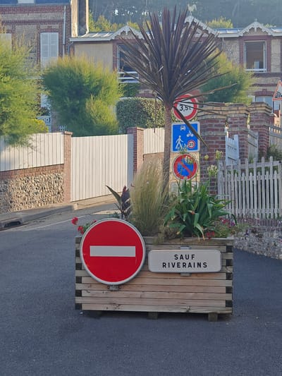 This image depicts a street scene in Étretat, France, likely on a residential street given the architecture. In the foreground, a wooden planter box is filled with various plants, including tall, feathery grass, green foliage, and some small red flowers. Attached to the planter is a white rectangular sign with black text that reads "SAUF RIVERAIINS," meaning "Except Residents." Mounted on a pole in front of the planter is a large, circular red and white "Do Not Enter" sign. Above this, a blue rectangular sign displays icons for a car, a bicycle, and a pedestrian, with a smaller circular sign below it indicating a speed limit of 20. Another circular sign above that shows "3,5t" indicating a weight limit.
In the background, a brick and stone house with white shutters and decorative gables is visible. Adjacent to the house is a tall, thin palm tree. A white wooden fence runs along the side of the property. The street appears to be paved with asphalt. The overall impression is a well-maintained residential area, with traffic signs integrated into the landscaping. The lighting suggests it is daytime, likely late afternoon given the quality of light. There are no people visible in the image.