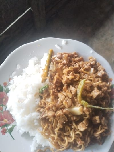 A white plate, adorned with a red floral pattern on its left side, holds a meal positioned in the lower two-thirds of the frame. The plate contains white, cooked rice on the left and a brown-colored mixture of noodles, small cubed protein (likely tempeh or meat), and green chili peppers on the right. One prominent yellow-green chili stands upright between the rice and noodle mixture, while another curved green chili is visible within the noodle mixture. The background is a dark, indistinct surface, possibly wood, with a faint vertical line of light visible on the far left. The scene is static, depicting a prepared meal in an indoor setting within Jambo Dalam, Indonesia. No individuals are present.