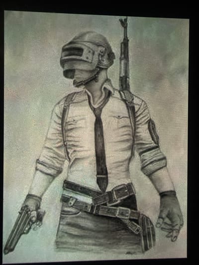 The image is a black and white sketch of a person in military attire. The subject is wearing a helmet with a visor, a collared shirt with a tie and suspenders, and a belt with pouches. They are holding a handgun in their left hand and have a rifle slung over their right shoulder. The background is indistinct and appears to be a light-colored, textured surface. There is no discernible location within the city of Košice, Slovakia, visible in this image.