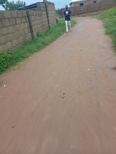A medium shot captures a man walking down a dirt road in Dong, Nigeria. The man, dressed in a dark t-shirt and light-colored pants, is walking away from the camera and towards a building in the background. He appears to be holding a small object in his left hand. The road is lined with a tall, grey, brick wall on the left and sparse green vegetation on both sides. The sky above is overcast. In the background, there are buildings with light-colored roofs and brown walls. The overall scene suggests a rural or semi-urban environment.