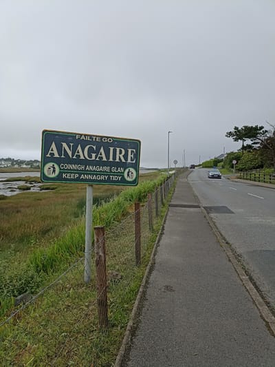 The image depicts a scene in Annagry, County Donegal, Ireland, on an overcast day. A green sign with gold lettering is prominently displayed in the foreground, reading "FÁILTE GO ANAGAIRE" and below that, "COINNIGH ANAGAIRE GLAN KEEP ANNAGRY TIDY," accompanied by two icons of a person discarding litter into a bin. The sign is mounted on a metal pole and situated beside a chain-link fence that runs along a grassy verge. Beyond the fence, a body of water with marshy vegetation is visible, with a small village or town in the distance. To the right of the sign, a paved road with a sidewalk runs alongside the fence. Several cars are visible on the road, including one in the middle ground approaching the viewer and another in the distance. Speed limit signs indicating "50" are present on poles along the road. Trees and shrubbery line the far side of the road, with a wooden fence running parallel to it. The overall environment suggests a coastal area with some residential development.