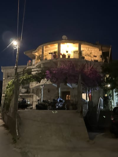 The image captures a multi-story building at night in Burtaiši, Montenegro. The building has balconies with railings, and lights are on inside, illuminating the upper floors. A satellite dish is visible on the roof. In front of the building, there is a large tree with vibrant purple flowers. A streetlamp is on to the left of the building. The ground in front of the building appears to be a sloped concrete or asphalt surface. Shadows and dimly lit areas suggest the nighttime setting. The overall scene is that of a residential building at night, with some vegetation and street lighting.