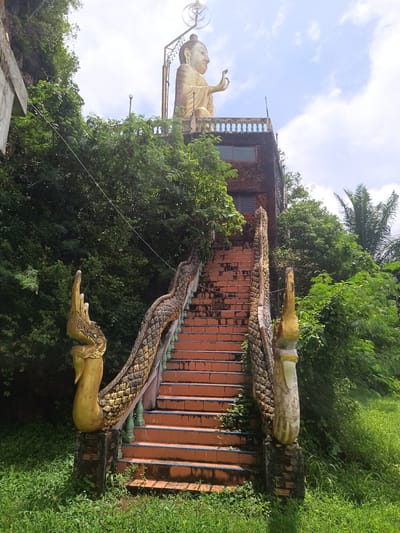 The image depicts a staircase leading to a golden Buddha statue at Wat Tham Ta Pan temple in Thap Put, Phang Nga Province, Thailand. The staircase, constructed of red-brown tiles with blue trim, is flanked by decorative serpent-like handrails painted in gold. The base of each handrail is adorned with a golden serpent head figure. The stairs show signs of weathering and age. Lush green vegetation surrounds the staircase. Above the stairs, a stone building houses the golden Buddha statue, which is elevated and visible against a partly cloudy sky. A metal support structure extends from the statue's head. The overall environment is green and overgrown, suggesting a natural or semi-natural setting.