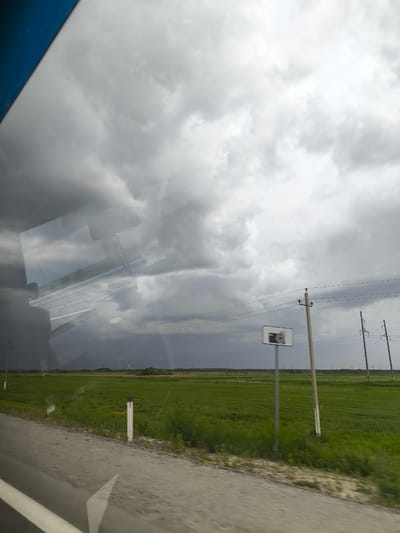 The image depicts a rural landscape observed from the interior of a moving vehicle, identifiable by reflections on the glass and slight motion blur in the foreground, located within or near the city of Progress, Russia.
The sky is heavily overcast, dominated by a large mass of dark, ominous gray clouds on the left side, indicating an approaching storm or heavy precipitation. The clouds on the right are lighter gray but still thick, suggesting overall overcast conditions.
Below the horizon, a flat expanse of vibrant green fields stretches into the distance. The distant horizon line is marked by a faint, darker line of what appears to be trees or distant vegetation.
Several wooden utility poles with multiple power lines extend across the mid-ground, receding towards the right side of the image. A white rectangular road sign with a black border, featuring a black camera icon, is visible on a metal pole in the mid-ground, indicating a surveillance zone or speed camera.
The immediate foreground shows a dirt or gravel road shoulder bordered by lush green grass and vegetation. A section of a paved road with a white demarcation line is visible at the very bottom left. Two white road delineator posts are present along the road shoulder, one with a distinct black top.
Prominent reflections on the vehicle's window include the dark silhouette of a human head and shoulder on the left side, a rearview mirror, and internal vehicle structures like a dashboard or sun visor, which partially obscure the exterior view. No active human figures are visible in the external landscape.