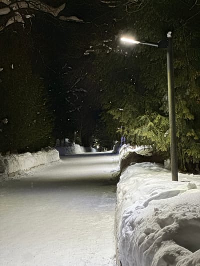 A nighttime scene depicts a road covered in snow and flanked by piled-up snowbanks. A street light illuminates the scene from the left, casting light on the road and trees. The trees, visible against the dark sky, appear to be covered in snow. The stark contrast between the darkness of the foliage and the brightness of the snow creates a wintry ambiance.