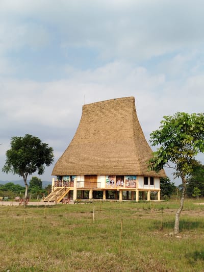 The image shows a large, two-story traditional Vietnamese communal house, known as a "Nhà Rông", in Đà Giang, Vietnam. The building has a steeply pitched, thatched roof that dominates the structure. The second story has a balcony with paintings of people engaged in daily life. A wooden staircase leads to the second floor. The first floor is supported by pillars. The house is surrounded by a field of tall grass. Two trees, one to the left and one to the right, flank the house. In the background are distant mountains and a sky with scattered clouds. There are some wooden stakes placed into the lawn. Benches are visible to the left of the house.