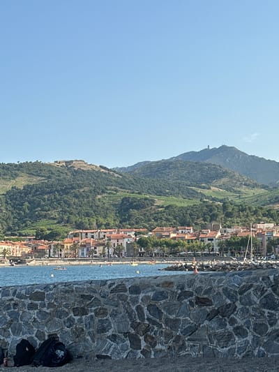 The image depicts a scenic view of the city of Collioure, France, from its waterfront. In the foreground, a rough stone wall forms a barrier, with two dark backpacks resting on the ground beside it. Beyond the wall, the azure waters of the Mediterranean Sea stretch out, dotted with a few buoys. A stone breakwater juts out into the water, with several people visible near it, some possibly swimming or wading.

Further out, a small boat with two occupants is seen on the water. The middle ground is dominated by the charming architecture of Collioure. Buildings with terracotta tile roofs and pastel-colored facades line the waterfront, interspersed with palm trees and green foliage.

In the background, lush green hills rise dramatically, covered in dense trees and terraced vineyards. Atop one of the hills, ruins of a fortification are visible, suggesting the historical significance of the area. Another, more distant mountain peak is crowned with a tower-like structure. The sky is a clear, bright blue, indicating a sunny day. The overall impression is one of a tranquil coastal town bathed in pleasant weather.