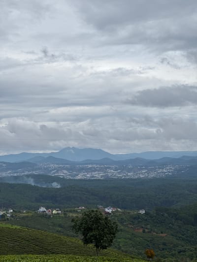 The image depicts a landscape near the city of Trường Thọ, Vietnam. The left side of the image shows a cloudy sky. Adjacent to the sky is a mountain range. At the base of the mountains is a city. On the right side of the image is a hillside with terraced fields and a tree. A few houses dot the mountainside.