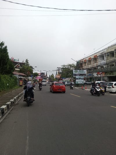 This image captures an urban street scene under an overcast sky, purportedly located in the city of Chagzam_Pam, Bhutan. A prominent green billboard on the right side of the road advertises "HOTEL CIANJUR."
The central feature is a multi-lane asphalt road, presenting at least two lanes of traffic moving away from the viewer. A faded yellow dashed line demarcates these lanes. To the immediate left, a concrete curb and low barrier separate the road from a section of dense green foliage and tall trees. Overhead utility lines span the top portion of the frame.
Vehicles dominate the roadway. In the foreground of the left lane, a person wearing a dark jacket and a light-colored head covering rides a black motorcycle, viewed from the rear; a partial license plate "3263" is visible. Multiple additional motorcycles are observed further down the left lane. In the right lane, a red hatchback car moves away from the camera. Along the right edge of the road, several cars, including white and dark models, are parked. Two individuals on a dark-colored scooter/motorcycle are in motion on the right, near the parked vehicles. A white van or truck is visible further down the left lane.
Buildings line both sides of the street. On the left, behind the greenery, structures with pitched roofs and neon signage are partially visible. On the right, a multi-story building with balconies extends along the road. Two small orange traffic cones are visible near the parked cars on the right. Individuals operating motorcycles are present, their features indistinct due to distance and protective gear. The diffused light suggests an overcast daytime condition.