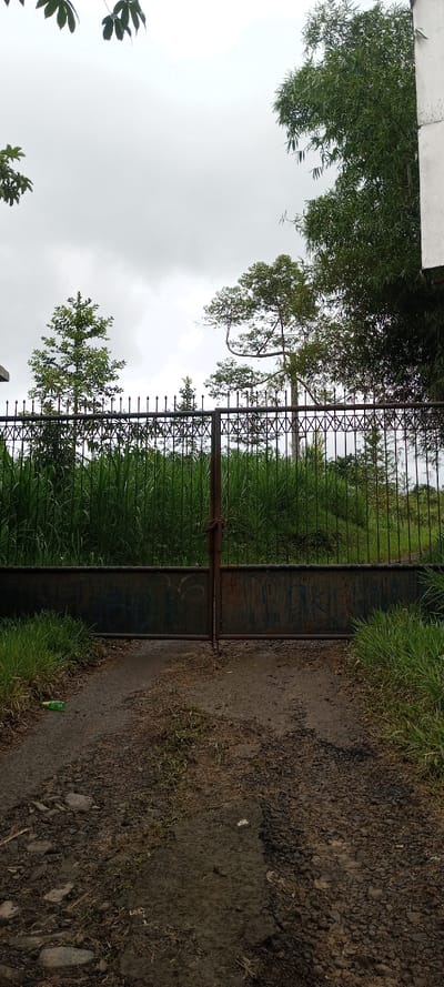 This outdoor image captures a closed, rusty metal gate serving as a barrier across a dirt path, likely in Mayawso, Sierra Leone. The gate, which appears aged and weathered, consists of a lower solid section with faded graffiti and an upper section made of vertical metal bars topped with decorative spikes. A simple, rusty chain or lock secures the two halves of the gate together near the top.
Beyond the gate, dense, tall green vegetation, resembling overgrown grass or reeds, fills the background. Several trees of varying heights are visible behind this foliage and above the gate, contributing to a lush, green landscape. To the right of the gate, a segment of a light-colored building or wall is partially visible. The sky is overcast with heavy clouds, suggesting a cloudy day, possibly with recent rain given the damp appearance of the path.
The unpaved path leading up to the gate is rough, composed of dirt and gravel, with patches of grass growing through it. On the left side of the path, near the gate, a discarded green plastic bottle lies on the ground. No people or animals are present, and no specific activity is occurring. The scene evokes a sense of quietness, perhaps hinting at a disused or private entrance in a rural or semi-rural setting. Faint, likely graffiti, including letters that could read "YOKS" or similar, is visible on the lower right panel of the gate.