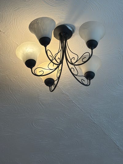 A five-bulb ceiling light fixture dominates the left side of the frame, casting light onto a textured, swirling-patterned wall. The fixture is black metal with white, tulip-shaped glass shades, and the bulbs are illuminated. The wall is a light grey color. The image lacks contextual clues regarding a specific location within Bearpark, United Kingdom. There are no people or other discernible subjects or actions in the frame.