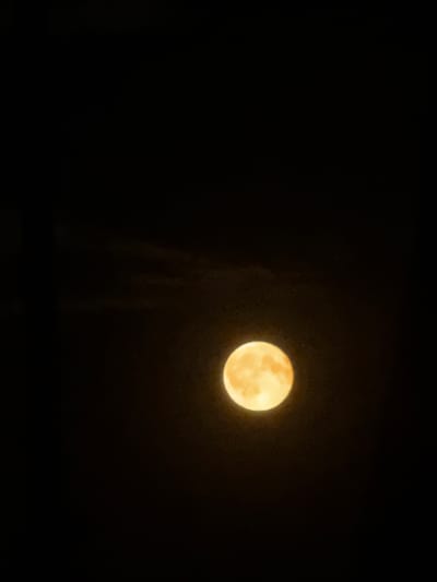 A full, yellow moon is visible in a dark, black sky. Faint, wispy clouds are present near the moon. The moon is centrally located in the lower half of the frame.