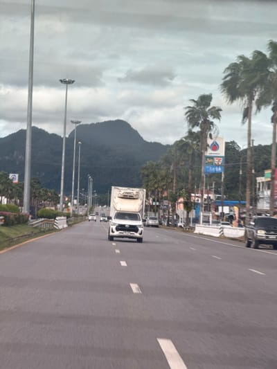 An exterior, eye-level, slightly blurred medium shot captures a multi-lane paved road in Ban Ta Khun, Thailand, under a cloudy sky. The road is bordered by palm trees, landscaping, and utility poles. In the foreground, a white refrigerated truck is driving on the right lane, followed by a black pickup truck in the right lane. Several other vehicles are visible further down the road. In the background, a mountain range is partially obscured by trees and buildings, including a gas station with a visible PTT logo and a 7-Eleven sign. The overall scene suggests a typical day of travel on a highway in this region.
