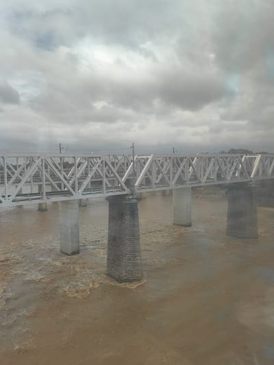 This image shows a railway bridge spanning a wide, muddy river under a cloudy sky. The bridge is a steel truss structure, painted white, with multiple piers supporting it. The piers are a combination of concrete and stone. The river water is turbulent and brown, indicating a high volume of flow, possibly due to rain. There are no people or vehicles visible on the bridge or in the immediate vicinity of the riverbanks. The scene is likely from the city of Budhni, India, known for its railway bridge over the Narmada River.
