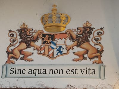 This is a close-up, eye-level photograph of a coat of arms mounted on a pale, textured wall. The coat of arms features two rampant lions as supporters, each wearing a small crown. Between the lions is a shield divided into four quadrants, displaying heraldic symbols. Above the shield sits a large, ornate golden crown. Below the coat of arms, a light blue banner with rolled edges bears the Latin inscription "Sine aqua non est vita," which translates to "Without water there is no life." The banner and coat of arms appear to be a decorative element, possibly part of a building's facade. In the lower portion of the image, a few dry, brown twigs are visible against the white wall, suggesting the photograph was taken outdoors.
This specific coat of arms is likely associated with the Bavarian royal family and can be found in or around Schwangau, Germany, a town famous for its proximity to Neuschwanstein and Hohenschwangau castles.