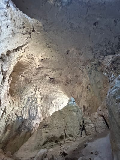 This is a photograph taken inside a cave in Karlukovo, Bulgaria, likely the Temnata Dupka cave. The image shows the interior of a large cavern with a rough, uneven ceiling and walls. The rock formations are primarily light brown and gray, with visible textures and striations. A large, weathered rock formation, possibly a stalagmite or a natural pillar, is prominent in the center foreground, casting a shadow. Natural light filters in from an opening in the distance, illuminating parts of the cave and creating contrasting shadows. The floor of the cave is covered in dirt and small rocks. The overall impression is one of a natural, ancient environment. There are no people or discernible man-made objects visible in the frame. The focus is on the geological features of the cave.
