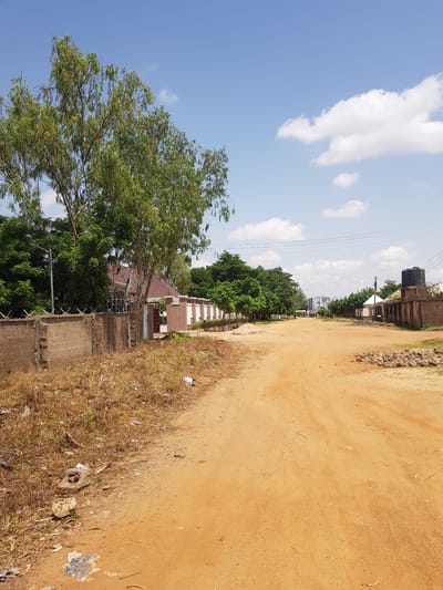 The image depicts a dirt road in Palade, Nigeria, under a clear blue sky with scattered white clouds. On the left side of the road, a brick wall topped with barbed wire encloses a property with a house that has a brown, tiled roof and a visible entrance gate. Several trees with green foliage are present, with one particularly large tree dominating the foreground on the left. Dry, brown grass and scattered litter are visible along the side of the road and in front of the wall.

The road itself is unpaved and orange-brown in color, showing tire tracks and appearing somewhat dusty. Further down the road, more trees line the sides, and various buildings can be seen, including a house with a white fence and a black water tank on a brick structure. A few indistinct figures are visible walking in the distance. Overhead power lines stretch across the scene. The overall impression is one of a somewhat undeveloped or rural area within a Nigerian city.
