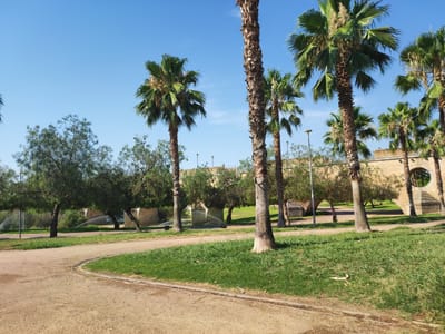 The image depicts a pathway in a park with palm trees and green grass under a clear blue sky. In the background, there is a stone bridge with arched openings and several trees. Sprinklers are visible, watering the grass. The scene appears to be a public park, possibly the Parque de la Ribera del Guadiana in Badajoz, Spain, given the characteristic architecture of the bridge and the presence of palm trees. No people are visible in the image. The pathway is made of light-colored gravel, curving through the park.