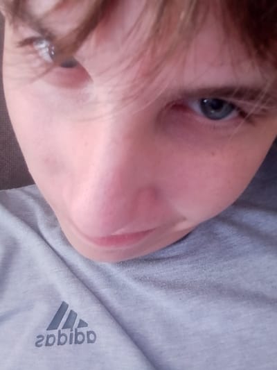 A close-up, high-angle shot focuses on the face of a fair-skinned individual, likely male, with light brown hair falling across his forehead and eyes. The subject's blue-grey eyes are clearly visible, with the left eye in focus and the right eye slightly blurred. His nose is prominent, and his lips are slightly parted, revealing a glimpse of his teeth. The skin on his face shows minor imperfections, such as small pores and a few faint blemishes. He is wearing a light grey t-shirt with the Adidas logo prominently displayed on the chest, appearing as three grey stripes forming a triangular shape above the mirrored text "apbibp". The lighting suggests an indoor setting with natural light coming from an unseen source, casting soft shadows on the face. There is no discernible background detail apart from a dark, textured surface on the left side of the image. The image offers no information about the specific location within the city of Pudozh, Russia, or any context regarding the subject's activities or interactions.