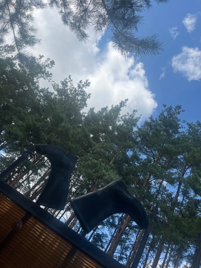 The image shows a low-angle view of black rubber boots resting on a dark metal railing, with a wooden structure visible below. In the background, a dense forest of pine trees reaches towards a blue sky with scattered white clouds. The scene appears to be outdoors, possibly in a park or recreational area within the village of Starozhivotinnoe, Russia. There are no people or visible actions depicted in the image.