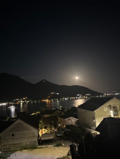 The image captures a nighttime scene in Đurići, Montenegro, characterized by a tranquil waterfront and mountainous backdrop. The moon, a bright orb, illuminates the scene, casting a soft glow on the water and the silhouettes of the surrounding hills. A body of water, likely a bay or a part of the Adriatic Sea, stretches across the middle ground, reflecting the lights of distant settlements that dot the coastline. These settlements appear to be composed of houses and possibly some smaller buildings, their lights twinkling warmly in the darkness.
In the foreground, several houses are visible, their structures rendered in shadow and illuminated by ambient light. One house on the right is particularly prominent, with a light on its exterior, casting a yellowish hue. Another house on the left is a lighter color, its silhouette clearly defined against the night sky. Between these structures, there are signs of human habitation, including what appears to be a parked vehicle under a light-colored tarp, and glimpses of trees and vegetation. A small, possibly domestic animal, is visible on the ground in the lower right portion of the image.
Further out on the water, a boat with multiple lights is visible, suggesting maritime activity even at night. The overall atmosphere is one of peaceful serenity, with the natural beauty of the landscape amplified by the moonlit night and the gentle presence of human settlements.