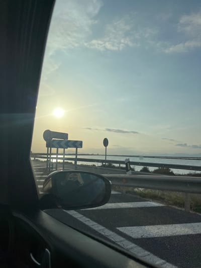 The image depicts a roadside scene near a large body of water at sunset or sunrise in Santa Pola, Spain, viewed from the interior of a vehicle. The dark frame of the vehicle's window and pillar occupies the left portion of the image. A black side mirror is visible in the lower-middle, reflecting the hands of an individual holding a smartphone, actively capturing the photograph.
The foreground shows a paved road with white diagonal markings on the shoulder, paralleled by a metal guardrail extending towards the right. A white and black chevron-patterned marker is attached to the guardrail. Beyond the road and guardrail, a calm expanse of water, likely a salt lagoon, stretches across the midground towards a distant, low-lying landmass or mountains on the horizon. Sparse, low vegetation is visible between the road and the water.
The sun, a bright circular disc, is low on the horizon in the left-center, casting a strong glare and reflecting on the water's surface. Two rectangular road signs featuring blue and white chevron patterns, indicating a turn or obstruction, are prominent in the left-midground. Further along the road to the right, a circular white sign with a black border and a diagonal black line (a 'no entry' or similar regulatory sign) is visible. The sky is light blue with scattered white clouds, particularly in the upper right quadrant.