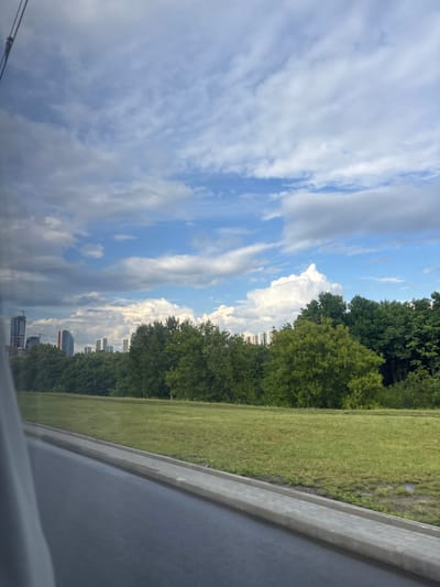 The image captures a view from a vehicle, looking out at a city skyline partially obscured by a line of trees. The foreground features a dark, wet asphalt road with a concrete curb and a strip of green grass. In the mid-ground, a dense line of lush green trees runs horizontally across the frame. Beyond the trees, several high-rise buildings, characteristic of a city, are visible against a bright blue sky dotted with white, fluffy clouds. One prominent building on the far left appears to be under construction. The overall impression is a transition zone between urban development and nature. The scene is likely from the area of Сеніцкі сельскі Савет, Belarus, given the presence of modern high-rise buildings which are common in suburban or newly developed areas of such regions.