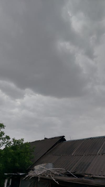 The media file is a photograph taken from a low angle, looking upwards. The sky occupies the majority of the frame and is filled with dense, grey clouds, suggesting overcast or stormy weather. The clouds have a textured, almost painterly appearance, with lighter and darker areas creating depth.
In the right portion of the image, the corrugated metal roof of a building is visible, running diagonally from the upper right towards the bottom left. The roof appears weathered and dark, with visible seams and a slight sheen. Along the edge of the roof, there are some cables and a decorative metal structure that resembles a nest or abstract sculpture, possibly made of wire. Below the roofline, the lush green foliage of a tree is partially visible.
The image conveys a sense of gloom or anticipation due to the heavy clouds. The time of day is unclear, but the overcast conditions suggest it could be anytime from morning to late afternoon. There are no people visible in the photograph. The setting appears to be outdoors, likely in a residential or semi-rural area, given the presence of a house roof and a tree. The location context provided is Shakhtinsk, Kazakhstan. No text is visible in the image.