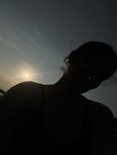 The image is a silhouetted shot of a person against a bright sky, likely taken at sunset or sunrise. The person's head is tilted down, and their hair is slightly windswept. A faint glint of light, possibly a reflection from an earring or a lens flare, is visible near their ear. In the background, the sun is a bright, glowing orb, with rays of light spreading outwards. There are several small, dark shapes in the sky, which appear to be birds in flight. The sky is a muted gray-blue, with some wispy clouds. The lower right portion of the image is dominated by the dark silhouette of the person's torso and arm, creating a dramatic contrast with the illuminated sky. The scene evokes a sense of peace and contemplation, with the setting sun and the flying birds suggesting a moment of natural beauty. No text is visible in the image.