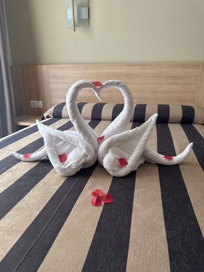 The image shows a bed in a hotel room in Lloret de Mar, Spain, decorated with two white towel swans whose necks form a heart shape. Red flower petals are scattered on the towel swans and on the bed. The bed is made with striped sheets and a bolster pillow. A wooden headboard is visible behind the bed, and a wall-mounted light fixture is above it. There are no people visible in the image. The room appears clean and well-maintained, suggesting a hotel or resort setting.