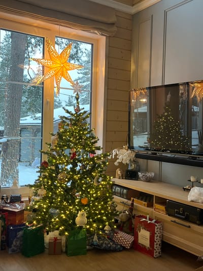 The image presents an interior scene within a residence in Finskiy Briz, Russia, decorated for Christmas. Centered on the left is a fully illuminated artificial Christmas tree adorned with numerous small, warm white lights and diverse ornaments including a snowman, an owl, gold baubles, a crescent moon, and an orange fruit. Various wrapped gifts and gift bags in blue, green, red, and patterned paper are arranged around the tree's base on a light wooden floor.
Behind the tree, a large window reveals a snow-covered outdoor environment, featuring snow-laden trees and a distant structure with string lights. A large, eight-pointed, illuminated paper star lantern hangs in the upper section of the window. A smaller, silver-colored star tops the Christmas tree, visible against the window. A beige Roman blind is partially pulled up at the window's top.
The room's left wall features light-colored horizontal wooden planks, while the right wall is paneled and painted a light color with white molding. To the right, a dark-framed flat-screen television is positioned on a light-colored wooden media console. The television screen reflects the illuminated Christmas tree and the large star in the window.
The media console displays a white artificial floral arrangement in a dark vase, a small animal figurine, a dark rectangular object, a clear bowl containing light-colored items, two dark-bound books, a decorative box, a dark briefcase-style object, and candlesticks with unlit candles. A white plastic bag rests on the far right of the console. A plush reindeer figurine wearing a hat is situated on the floor near the console. No individuals are depicted in the scene.