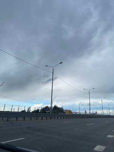 The image shows a view from a highway overpass in Бавыкино, Russia. The highway runs horizontally in the image with multiple lanes. Guardrails line the side of the road, with trees and buildings visible beyond. Overhead streetlights run along the highway. The sky is overcast with grey clouds, suggesting a rainy or cloudy day. There are no people visible.